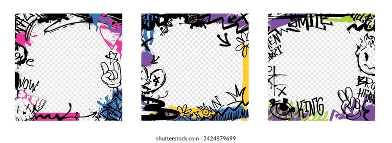 Graffiti border or frame with spray paint stickers, urban elements with ink drips. Vector set of covers with tags, abstract street art decoration and hand gestures isolated on transparent background.