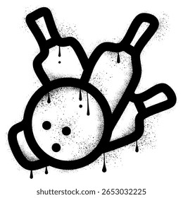 Graffiti bowling ball and pins with black spray paint