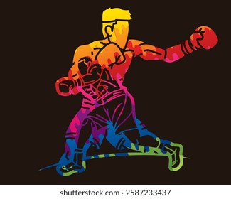 Graffiti Boxing Sport Kickboxing Mix Action Muay Thai Group of Fighter Cartoon Graphic Vector