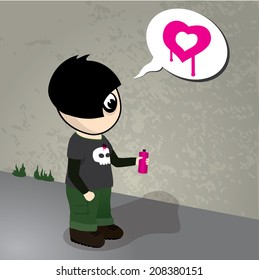 Graffiti boy in love, ready to work on his art. Ai10 EPS illustration, CMYK global colors.