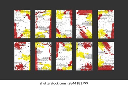 Graffiti brick wall texture backgrounds pack with colorful paint. Vertical street art design layouts with red and yellow ink splatters on white brickwall background