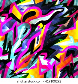 Graffiti bright psychedelic seamless pattern on a black background vector illustration