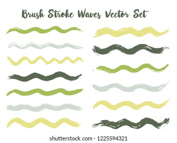 Graffiti brush stroke waves vector set. Hand drawn green brushstrokes, ink splashes, watercolor splats, hand painted curls. Vector ink traces, color combinations. Wavy stripes vector set.