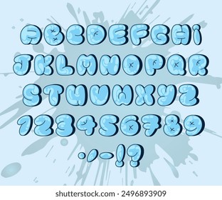 Graffiti Bubble Alphabet, blue cartoon letters, numbers and punctuation in blue color. Shiny drops of paint on background with blot. Perfect for street art, urban designs, logo and typography. Vector.