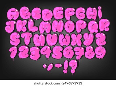 Graffiti Bubble Alphabet, Dripping Pink Paint Font mit Großbuchstaben, Zahlen und Zeichensetzung. Glänzende, tropfende Zeichen auf dunklem Hintergrund. Perfekt für Street Art, Städtebau, Logos. Vektor.