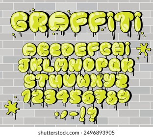 Graffiti Bubble Alphabet, Dripping yellow green paint font with uppercase letters, numbers and punctuation. Shiny, dripping characters on brick wall. Perfect for street art, urban designs and logos. 