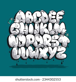 Graffiti Bubble Alphabet. Textfeld Graffiti-Großbuchstaben mit Tropfen, Tropfen und Sprüheffekt.