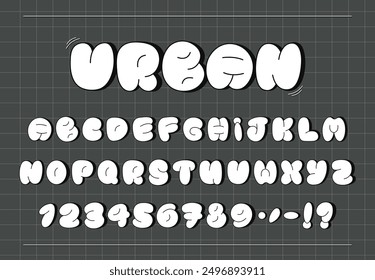 Graffiti Bubble Alphabet, Modern Urban White Font. Uppercase letters, numbers and punctuation. Contrast characters on grid background. Perfect for street art, urban designs, logo and typography. Vecto