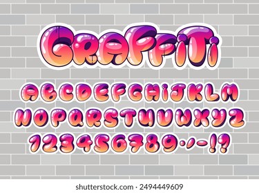 Graffiti Bubble Alphabet. Purple to orange gradient graffiti bubble font with uppercase letters, numbers and punctuation. Brick wall on the background. Perfect for street art, urban designs and logos.