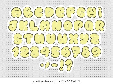 Graffiti Bubble Alphabet, Retro Groovy Font, plump letters with uppercase letters, numbers and punctuation in light yellow color. Display grunge font with black stroke. Perfect for retro designs.