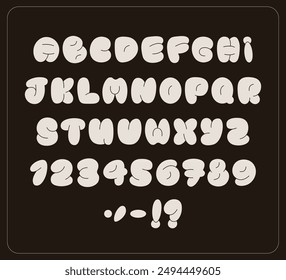 Graffiti Bubble Alphabet. Retro inspired puffy font with uppercase letters, numbers and punctuation. Display font without stroke on contrast background. Perfect for retro designs, posters, logos.