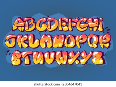 Graffiti Bubble Alphabet, Retro Street Art Font. Glänzende Blasenbuchstaben in roten, orangen und gelben Farben mit Tropfen und Spritzer auf blauem Hintergrund. Perfekt für Street Art und Urban Design. Vektor.