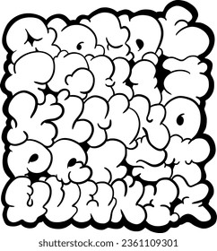Graffiti-Blasen in Form eines Alphabets A-Z, Freie wilde Art für Stadtmauern. Moderner unterirdischer Vektorgrafik-Kunstdruck.