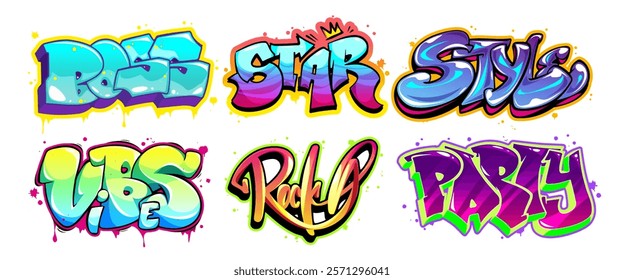 Graffiti cartoon lettering collection in bright gradient colors. Street art typography designs with decorative text painted with spray paint effect, drips, splatter marks, outlines. Urban style words.