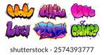 Graffiti cartoon text designs with gradient color schemes. Modern street art words decorated with drips, splatters, outlines, skull elements and bubble style letters. Urban wall art typography.
