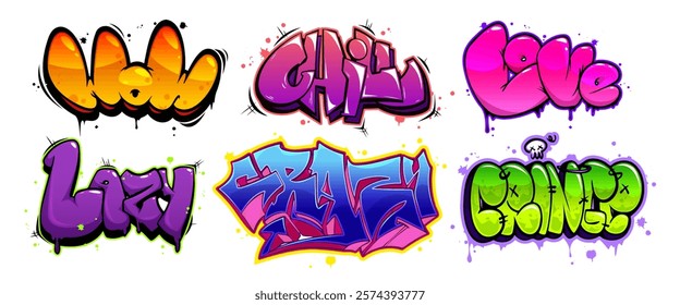 Graffiti cartoon text designs with gradient color schemes. Modern street art words decorated with drips, splatters, outlines, skull elements and bubble style letters. Urban wall art typography.