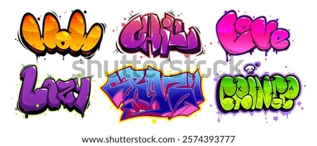 Graffiti cartoon text designs with gradient color schemes. Modern street art words decorated with drips, splatters, outlines, skull elements and bubble style letters. Urban wall art typography.