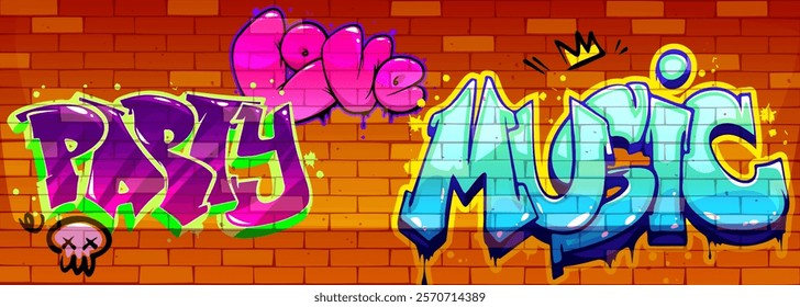 Graffiti cartoon words painted on red brick wall background - text with decorative elements skull, crown, drips. Street art typography with bright outlines, shadow effects. Urban mural design