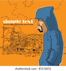 Graffiti character on a city-background. Place for your text.