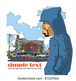 Graffiti character on a city-background. Place for your text.