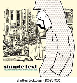 Graffiti character on a street-background. Place for your text.