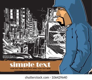 Graffiti character on a street-background. Place for your text.