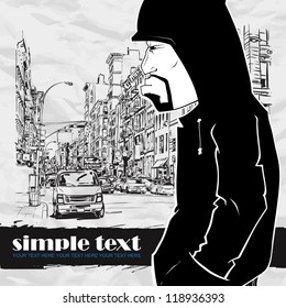 Graffiti character on a street-background. Place for your text.