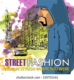 Graffiti character on a street-background. Place for your text.