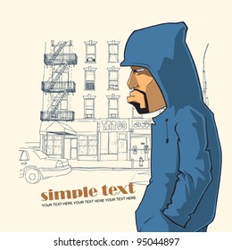 Graffiti character on a street-background. Place for your text.