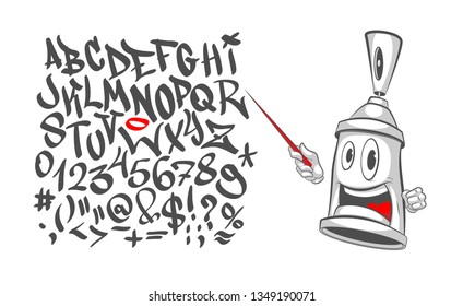 Graffiti character with a pointer in his hand - teaches the alphabet. Spray can. Graffiti Street art. Vector illustration spray on a white background.