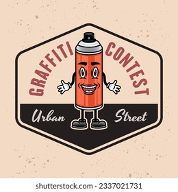 Graffiti contest vector colored emblem, badge, label or logo with spray paint can smiling character on light background