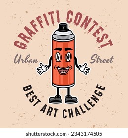 Graffiti contest vector colored emblem, badge, label or logo with spray paint can smiling character on light background