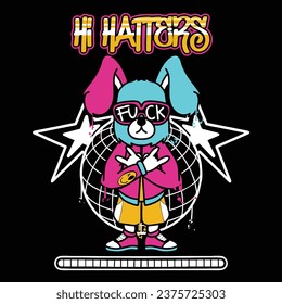 Graffiti cool rabbit street wear illustration with slogan hi hatters