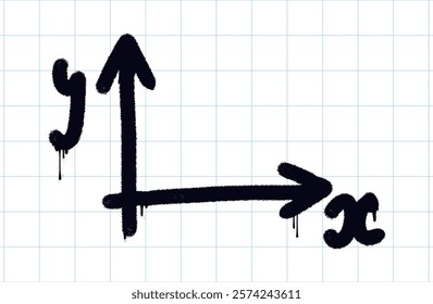 Graffiti coordinate plane illustration. Bold black spray paint arrows X and Y axes on a grid paper background. Trendy Y2K urban street style. Grunge educational symbols.