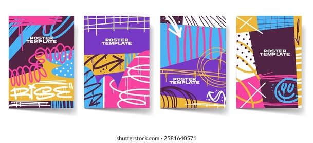 Graffiti cover set. Abstract poster bundle, graffiti style cover set. Colorful graphic print template, vector illustration