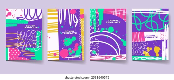 Graffiti cover set. Abstract poster bundle, graffiti style cover set. Colorful graphic print template, vector illustration