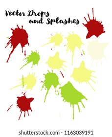 Graffiti Crafts Vector Watercolor Brushstrokes. Splashes, Doodles, Stains, Buttons, Scribble Hand Painted Vector Set. Bright Shapes Uneven Funky Paintbrush Logo Elements. Rough Painted Dabs Swatches