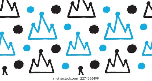 Graffiti crown. Paint spray pattern. Aerosol brushstroke. Fashion girl or man. King symbols and dots. Black and blue airbrush icons. Grunge shopping tag. Vector seamless recent background
