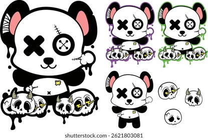Graffiti design with panda doll illustration and cartoon skull, full vector, eps 10, editable.
