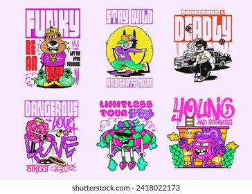 Graffiti design set. Cartoon t shirt designs bundle. Urban street fashion for print. Graffiti bundle, street art style for graphic t shirt