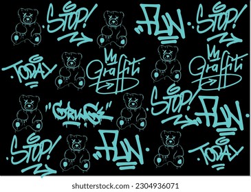 Graffiti design slogan typography and icons.Bear , daisy and splash . Graphic tee vector