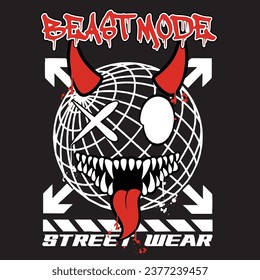 Graffiti devil street wear illustration with slogan beast mode