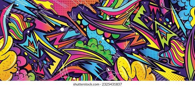 Graffiti doodle art background with vibrant colors hand-drawn style. Street art graffiti urban theme for prints, banners, and textiles in vector format.