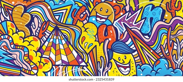 Graffiti doodle art background with vibrant colors hand-drawn style. Street art graffiti urban theme for prints, banners, and textiles in vector format.