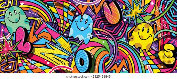 Graffiti doodle art background with vibrant colors hand-drawn style. Street art graffiti urban theme for prints, banners, and textiles in vector format.