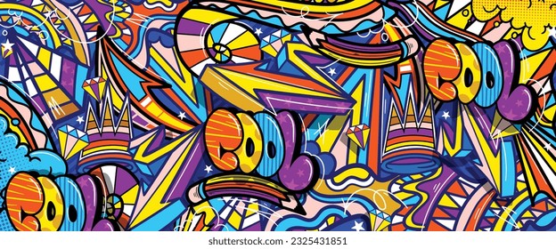 Graffiti doodle art background with vibrant colors hand-drawn style. Street art graffiti urban theme for prints, banners, and textiles in vector format.