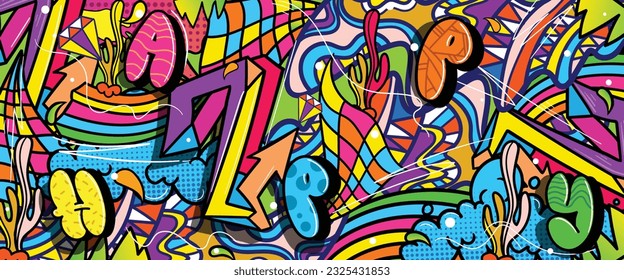 Graffiti doodle art background with vibrant colors hand-drawn style. Street art graffiti urban theme for prints, banners, and textiles in vector format.