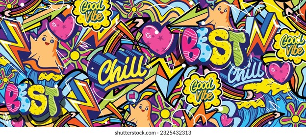 Graffiti doodle art background with vibrant colors hand-drawn style. Street art graffiti urban theme for prints, banners, and textiles in vector format