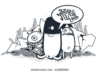 Graffiti Doodle Art. Vector doodle characters with speech bubble for your text. Graffiti style doodles. Bizarre funny monsters.