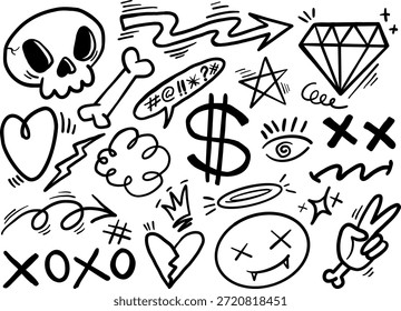 Grafite Doodle Element. Coleção de Doodle Grunge. Graffiti desenhado à mão groovy impressões, sinais góticos e símbolos.